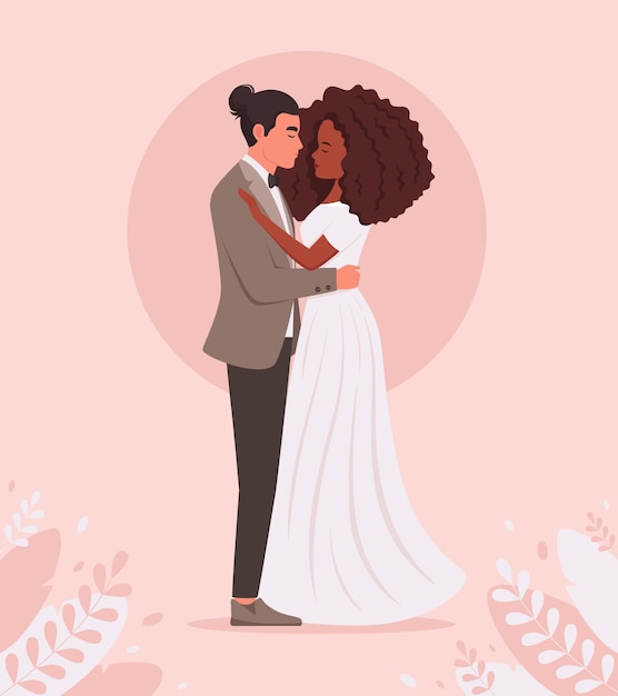 Vector wedding couple man and black woman getting married newlyweds