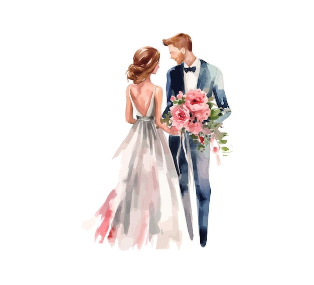 Wedding couple married with flowers watercolor Vector illustration design