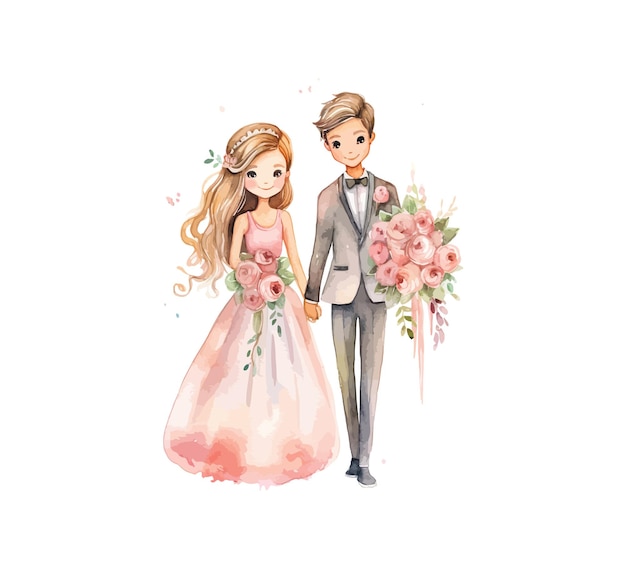 Wedding couple married with flowers watercolor Vector illustration design