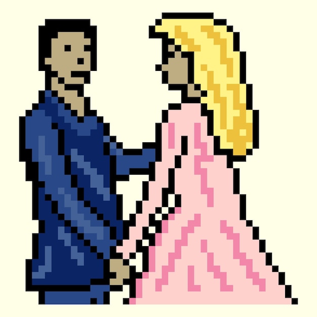 ピクセル アート デザインの結婚式のカップルの肖像画。ベクトル イラスト。