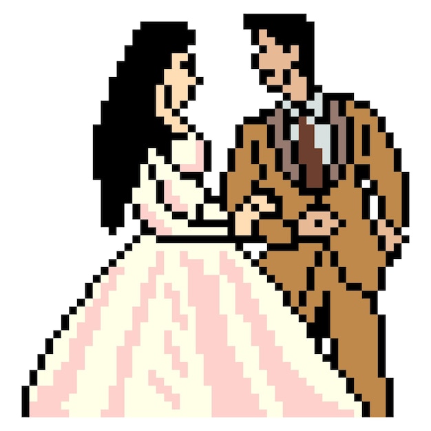 ピクセル アート デザインの結婚式のカップルの肖像画。ベクトル イラスト。