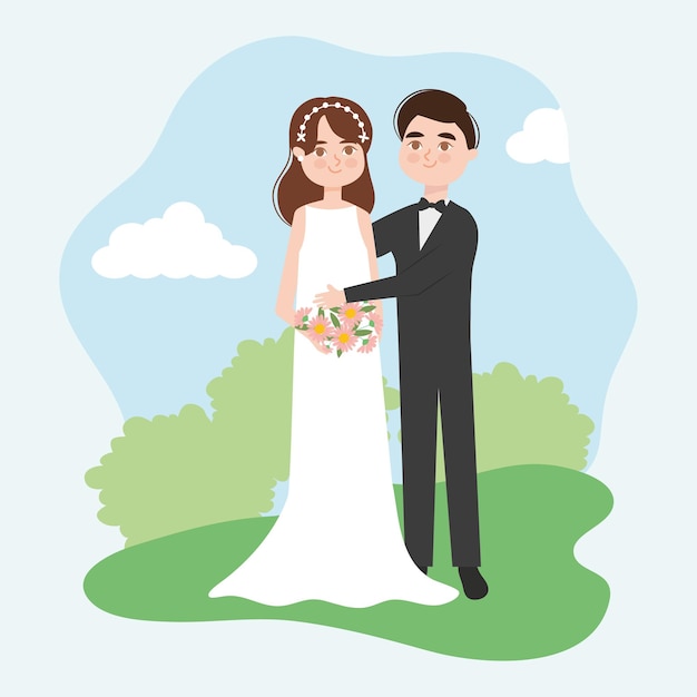 Wedding couple standing over landscape