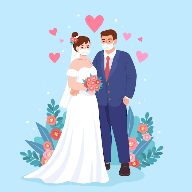 Vector wedding couple wearing face masks