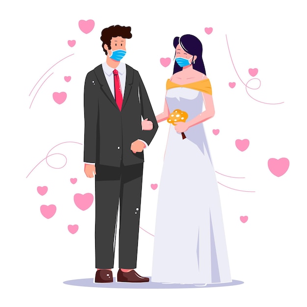 フェイスマスクを身に着けている結婚式のカップル