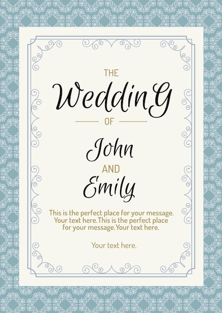 Wedding cover design template with vintage line style blue modern color background. Decoration element. Vector Illustration