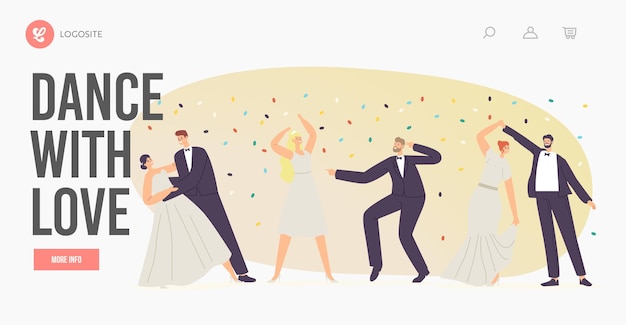 Wedding dancing landing page template. just married characters dance with love, newlywed bride and groom couple marriage ceremony, new husband and wife family waltz. cartoon people vector illustration