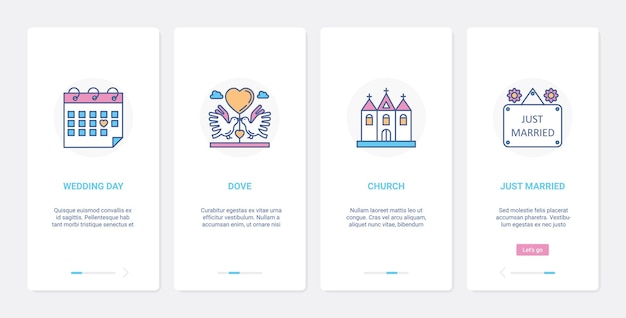 Wedding day bridal marriage celebration ui ux onboarding mobile app page screen set