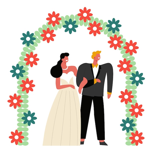 Vector wedding day bride and groom under flower arch isolated characters