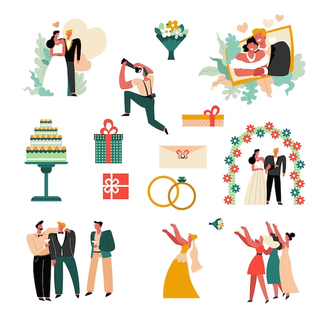 Wedding day or marriage ceremony bride and groom isolated icons