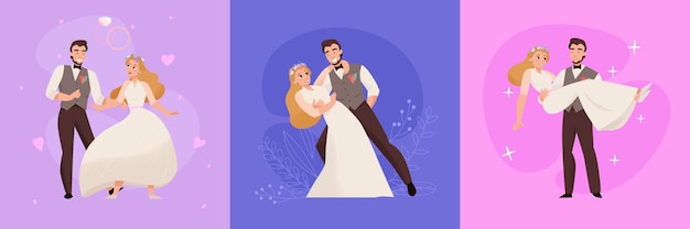 Wedding day marriage ceremony flat compositions with happy newlywed couple