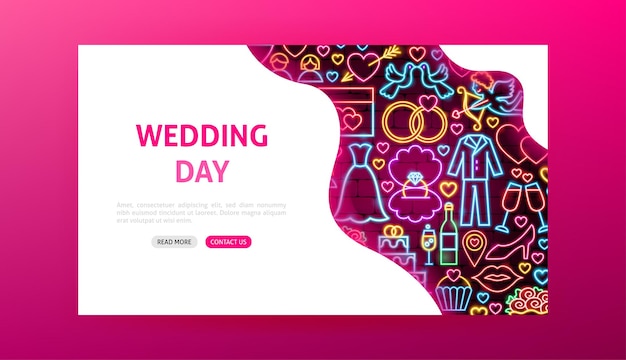 Vector wedding day neon landing page. vector illustration of love promotion.