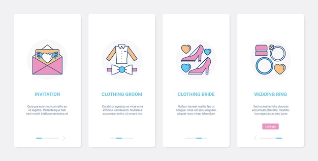 Abiti e anelli per la decorazione di matrimoni per la schermata della pagina dell'app mobile di onboarding ui ui degli sposi