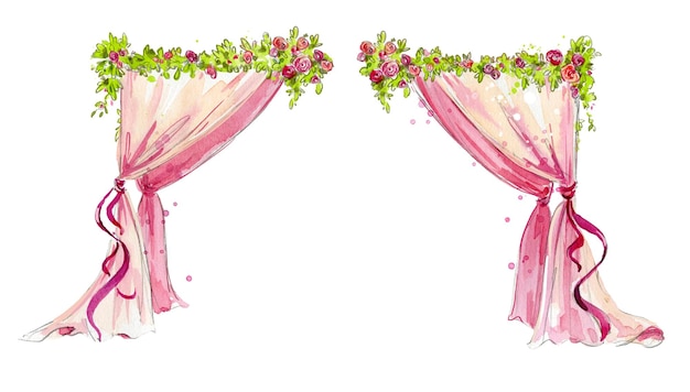 Wedding decoration. Watercolor event curtains decorated with flower garlands.