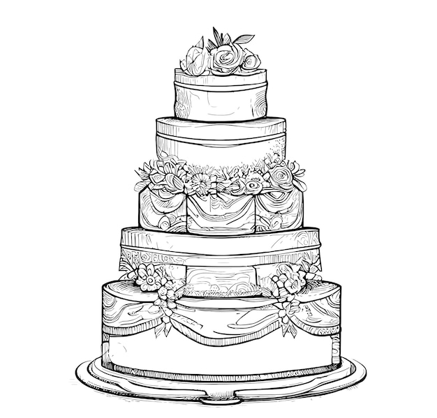 Wedding delicious cake hand drawn sketch Vector illustration