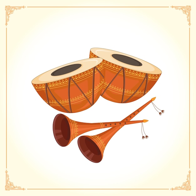 Vettore dhol di nozze con illustrazione di shehnai