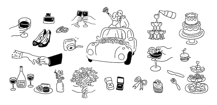 Vector wedding doodles bride and groom camera bouquet wine champagne ring box and perfume etc