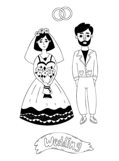 Wedding doodles Newlyweds bride andstylish groom and wedding ring linear hand drawings