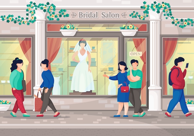 Salone degli abiti da sposa. coppia andare a fare shopping nella boutique di abiti da sposa. salone nuziale della città