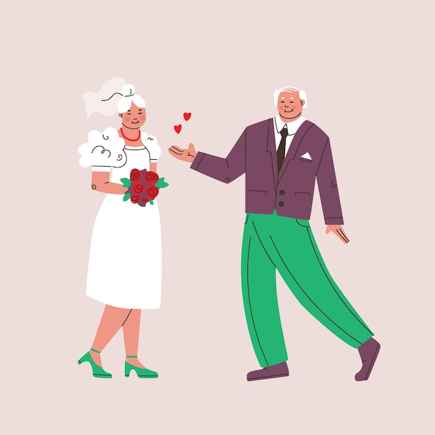 The wedding of an elderly man and woman. bride and groom in a suit and holding flowers, wedding anniversary. cute vector isolated illustration.