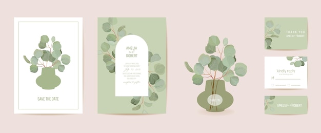 Matrimonio eucalipto, rami di foglie verdi floreali save the date set. vector foglie esotiche carta di invito boho verde. cornice modello acquerello, copertina fogliame, poster moderno, design alla moda