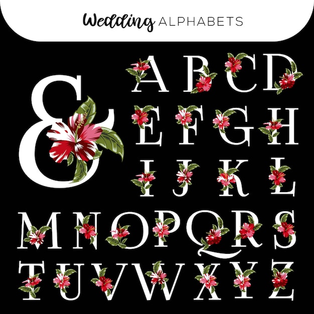 Vector wedding floral alphabets red hibiscus