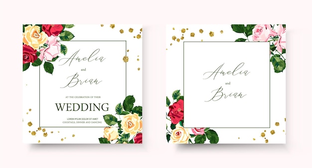 꽃 장미와 결혼식 꽃 황금 기하학적 초대 카드