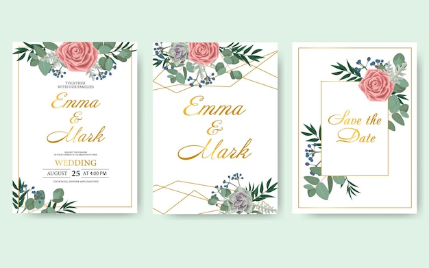 Vector wedding floral invitation card save the date design with green leaf herbs eucalyptus, rose succulent