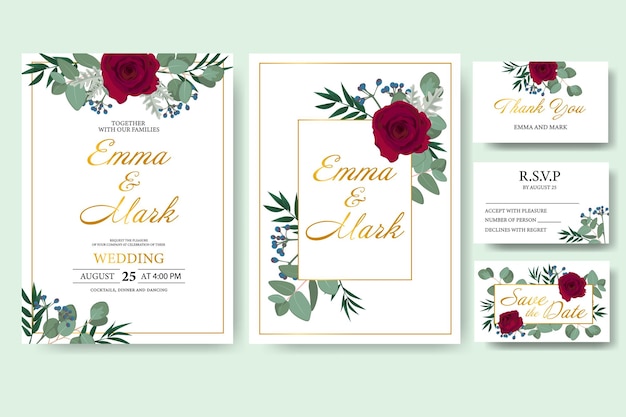 Wedding floral invitation card save the date design with green leaf herbs eucalyptus, rose.