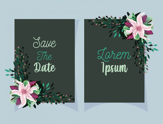결혼식 꽃 초대장, 꽃 수채화 템플릿 카드 나뭇잎