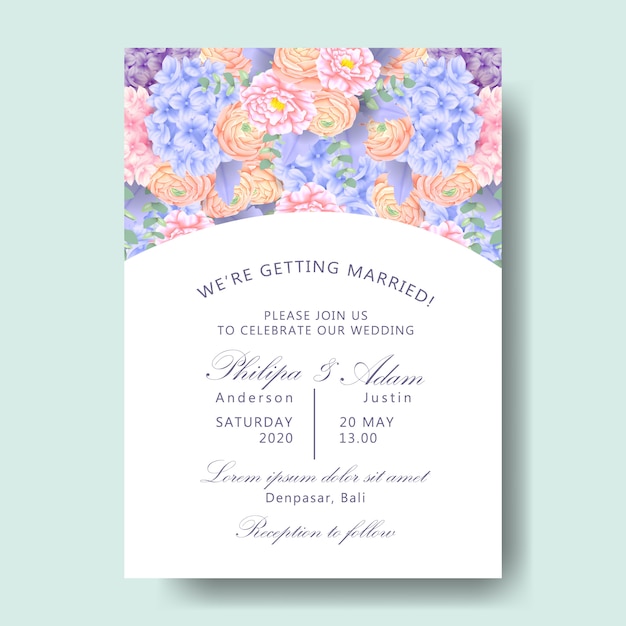 Wedding floral invitation with  hydrangea, ranunculus, peony, eucalyptus leaves, dusty mil