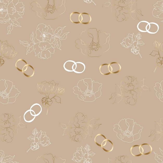 Wedding floristic vector seamless pattern with flowers and rings For wrapping paper invitations and greetings