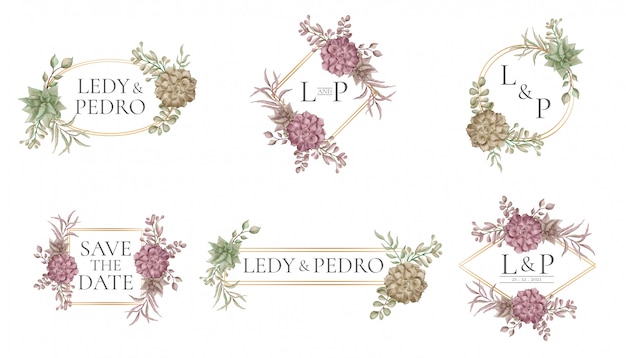 Vector wedding frame template with flowers and leaves collection