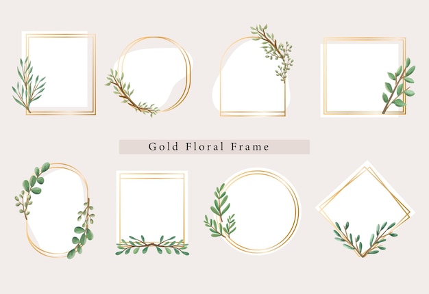 Wedding frame with floral leaves and branches element botanical logo golden frame