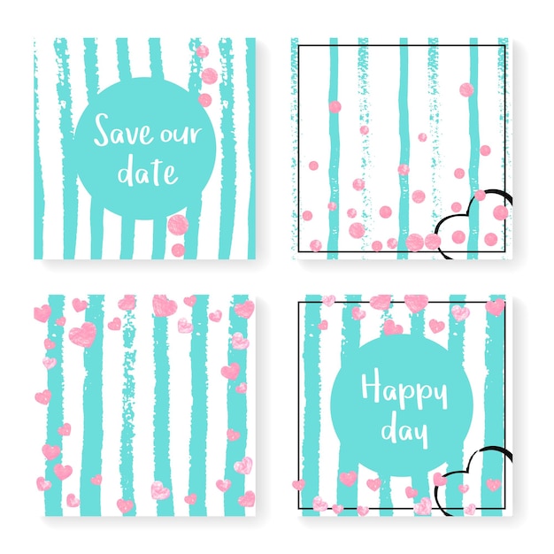 Vector wedding glitter confetti on stripes invitation set