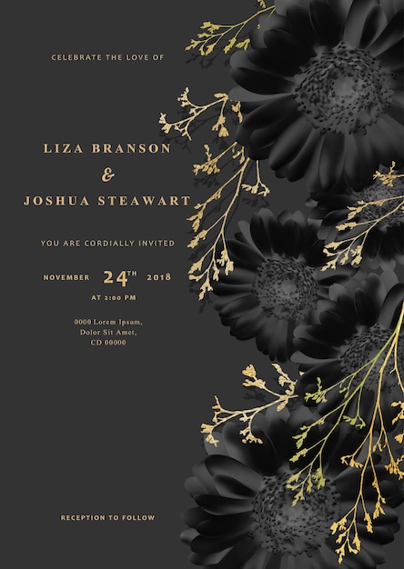 Свадебная или поздравительная открытка с темными цветами и золотой веткой растений Гербера черные цветы Вектор