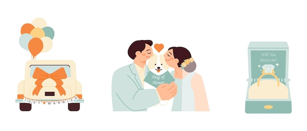 Vector wedding the groom and the bride as a family with a wedding car and a dog wedding ring