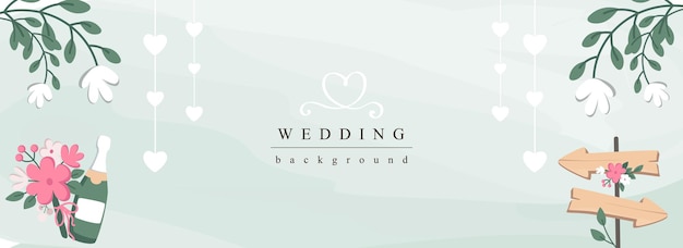 Vector wedding horizontal web banner elegant marriage invitation with wooden boards pink flower bouquets champagne heart garlands vector illustration for header website cover templates in modern design