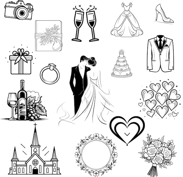 Illustrazione vettoriale del set di icone di nozze