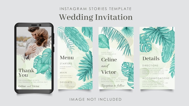 Вектор Шаблон свадебных историй instagram с акварельными листьями