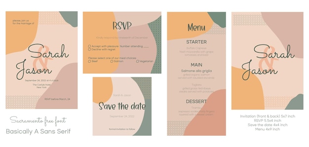 Wedding invitation 5x7 in template Set marriage designs with rsvp save the date 4x4 menu 4x9 inches