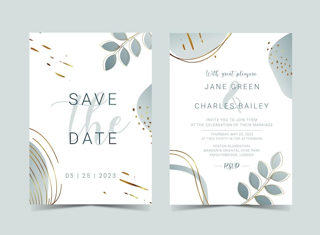 Wedding invitation, abstract golden art background, botanical palm leaves