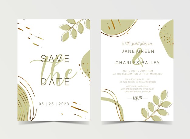 Wedding invitation, abstract golden art background, botanical palm leaves