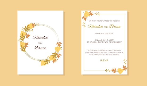 Wedding invitation in autumn style branches leaves