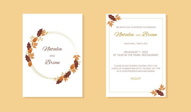 Wedding invitation in autumn style tree leaves