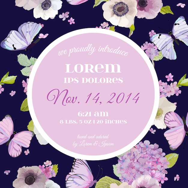 Wedding Invitation Baby Shower Template. Save the Date Card with Butterflies and Hydrangea Flowers. Greeting Floral Postcard