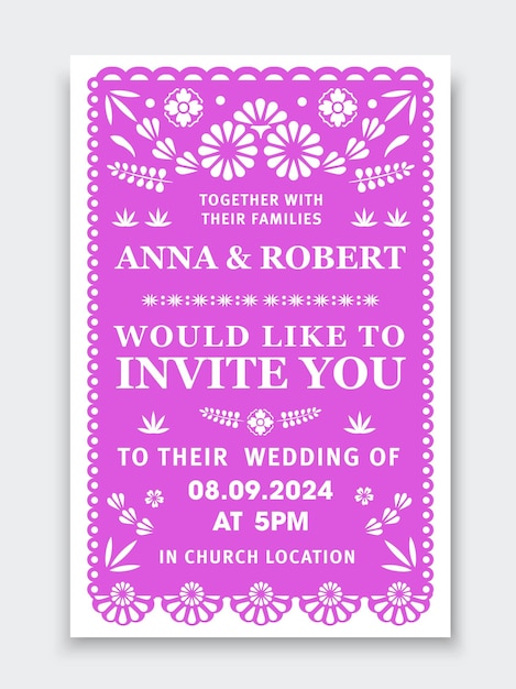 Wedding invitation banner in paper cut mexican style Vector fuchsia colored invite card template with traditional floral patterns capturing the festive spirit of Mexico joy love and celebration