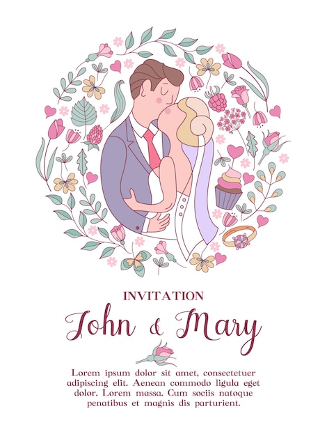Приглашение на свадьбу красивая свадебная открытка с целующимися женихом и невестой в окружении красивых свадебных цветов векторная иллюстрация с местом для текста