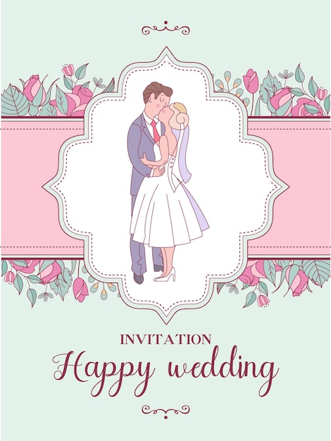 Vector wedding invitation beautiful wedding card with kissing bride and groom in a wreath of wedding flowers and white doves vector illustration with space for text