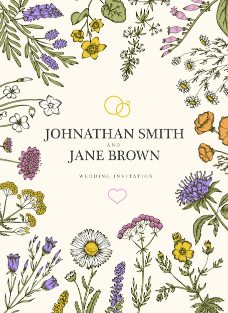 Vector wedding invitation in boho style. wild flowers and herbs frame border