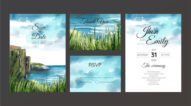 Wedding invitation card beach panorama watercolor